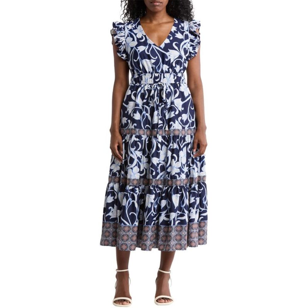 Anne Klein Womens Plus Size Mixed-Print Tiered Midi Dress 3X Mountain Multi NWT - Picture 1 of 3
